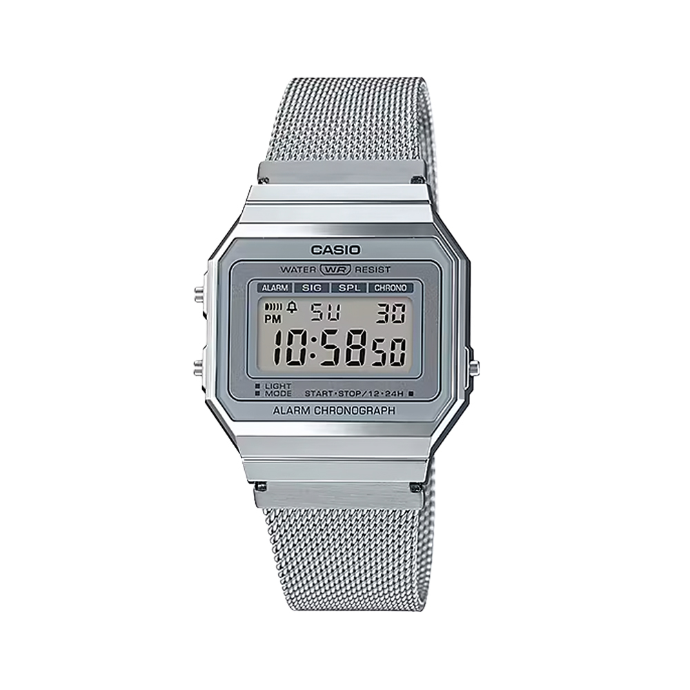 【CASIO 卡西歐】A700WM-7A 復古纖薄 經典時尚 LED背光 鬧鈴 計時碼錶 米蘭帶 銀色 電子錶 手錶