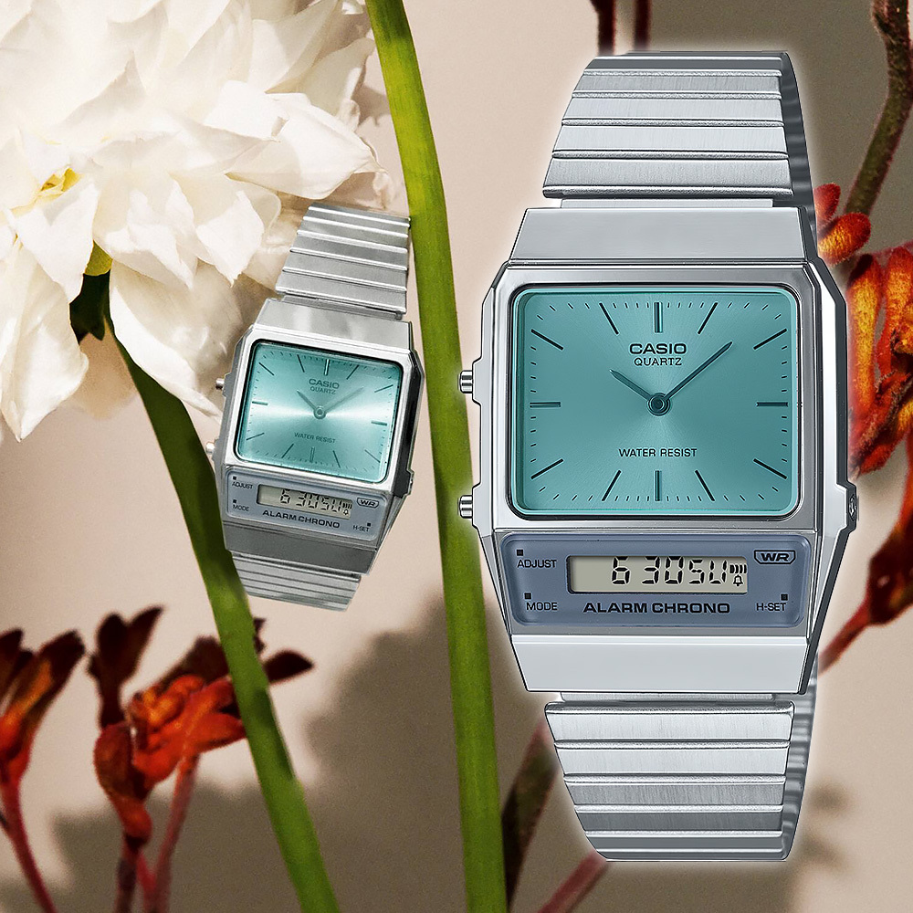 【CASIO 卡西歐】AQ-800EC-2A 復古懷舊 輕鬆簡約彩色玻璃 世界時間LCD顯示 計時碼錶 雙顯 指針錶 電子錶 手錶