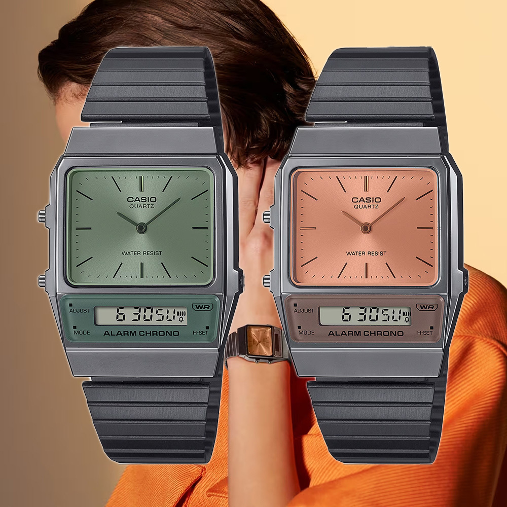 【CASIO 卡西歐】AQ-800ECGG 復古懷舊 簡約粉彩色玻璃 世界時間 計時碼錶 LCD雙顯 指針錶 電子錶 手錶