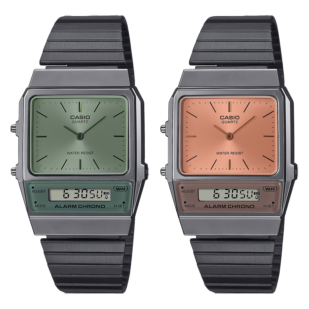 【CASIO 卡西歐】AQ-800ECGG 復古懷舊 簡約粉彩色玻璃 世界時間 計時碼錶 LCD雙顯 指針錶 電子錶 手錶