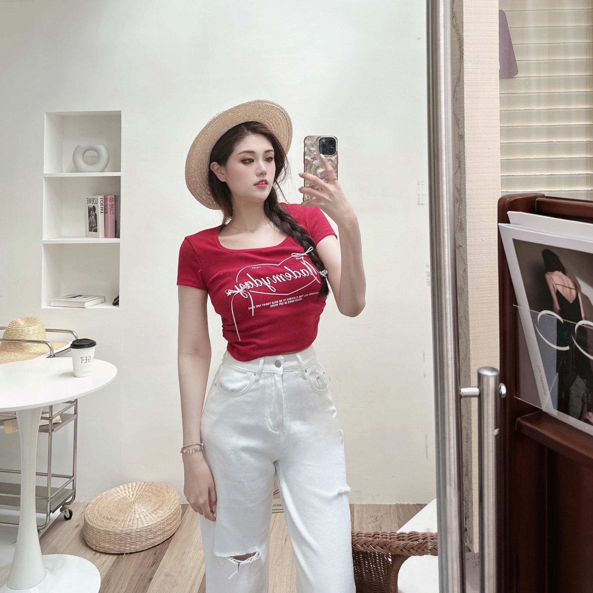 方領蝴蝶結測抓皺上衣/四色