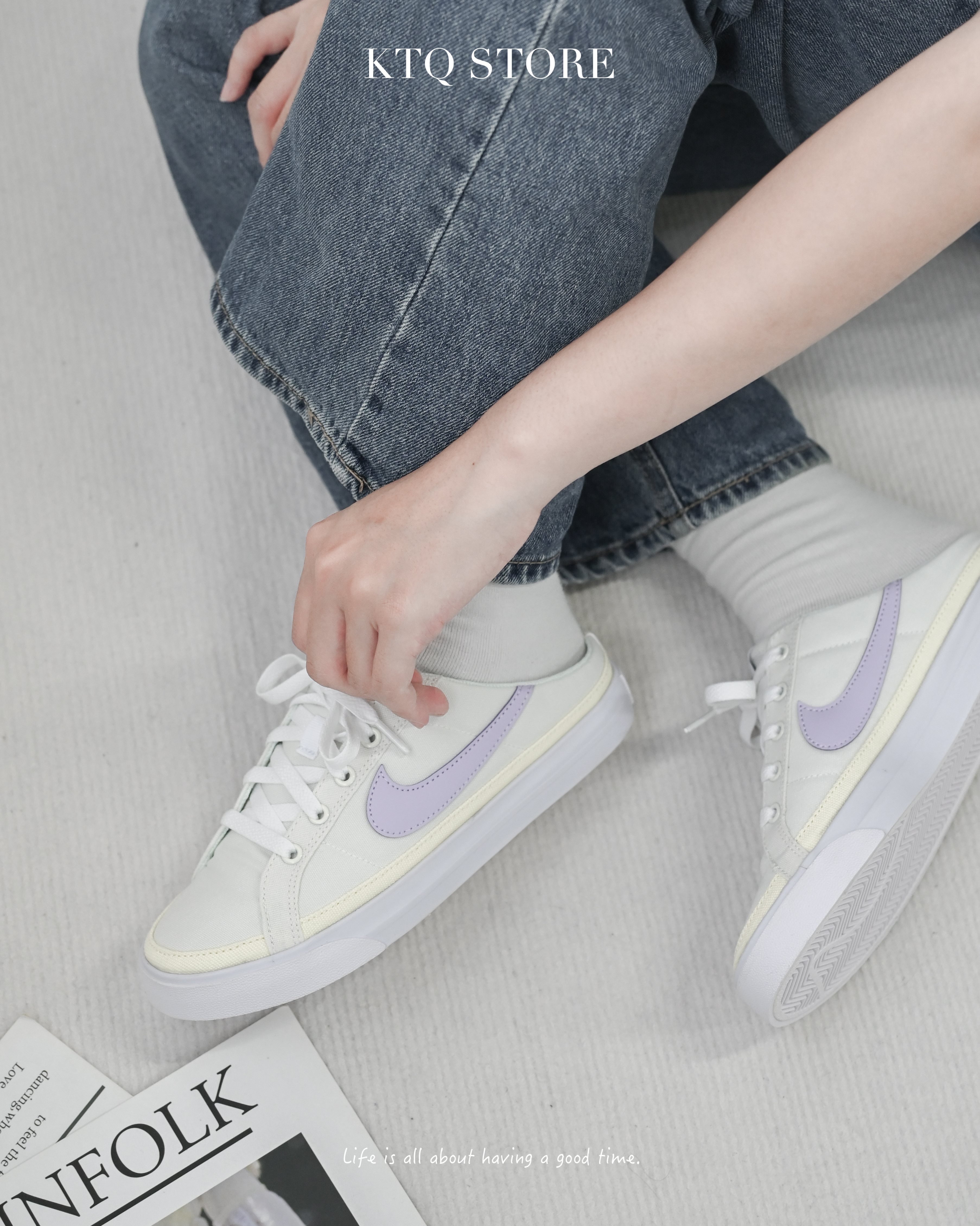KTQ STORE ‧  Nike 休閒鞋女鞋半包拖COURT LEGACY MULE 米白紫 HJ3494-151