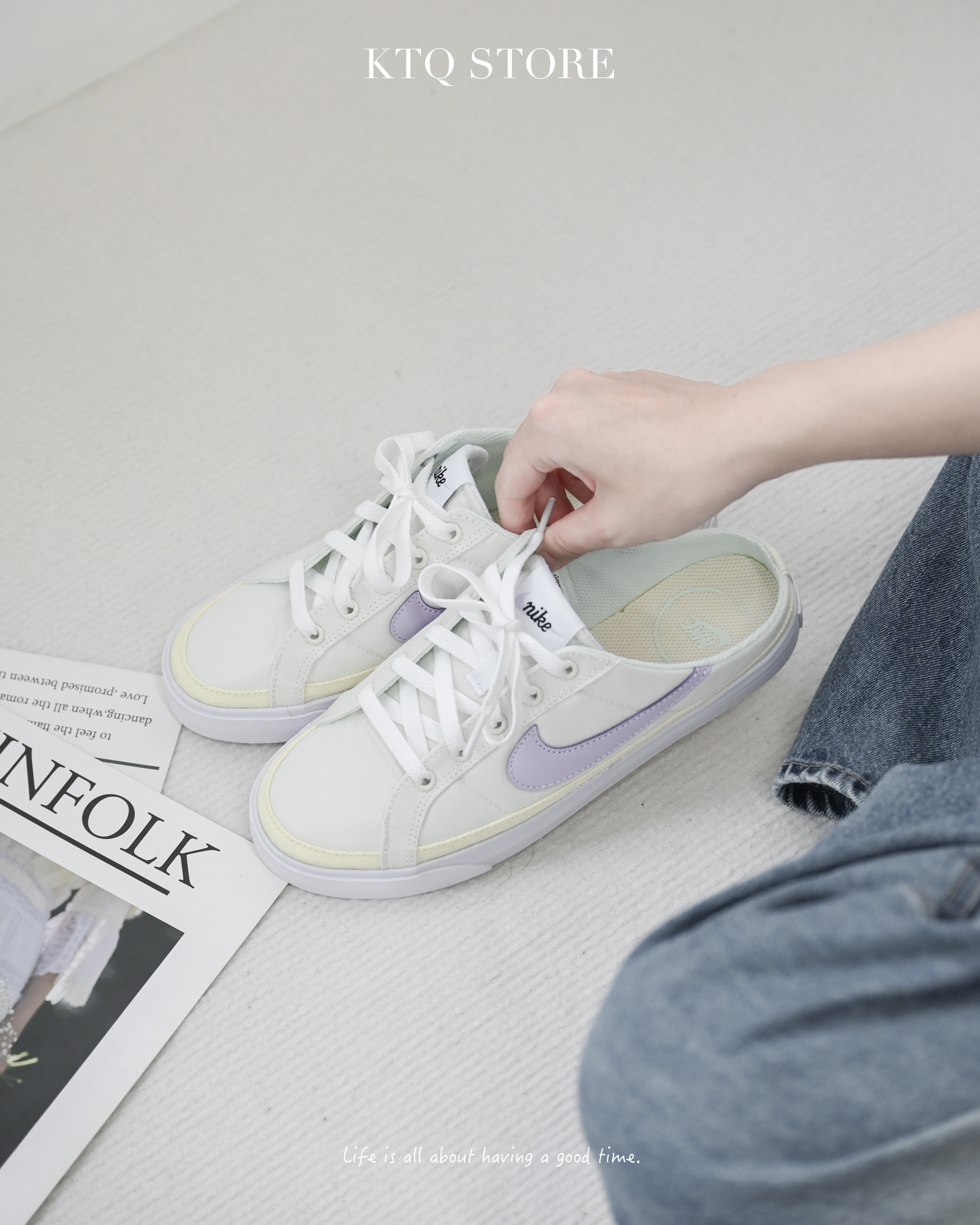 KTQ STORE ‧  Nike 休閒鞋女鞋半包拖COURT LEGACY MULE 米白紫 HJ3494-151
