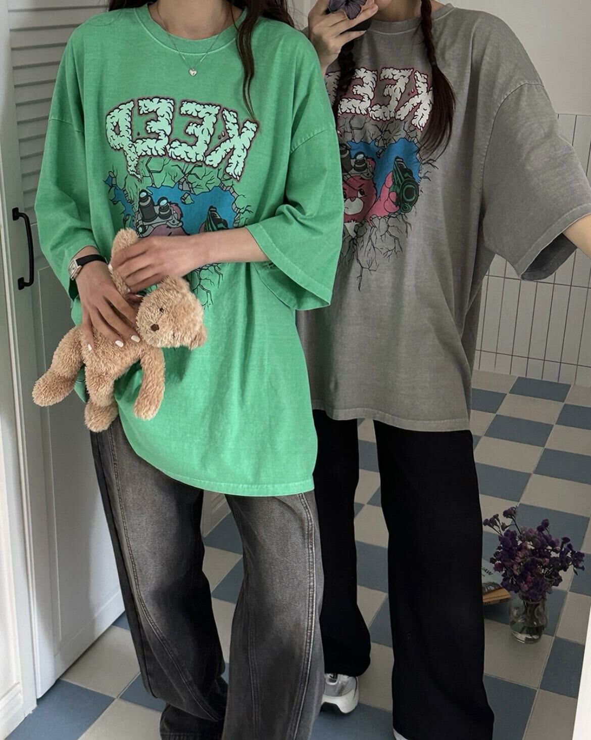 OverSize熊仔圖案英文字短袖Tee T5487