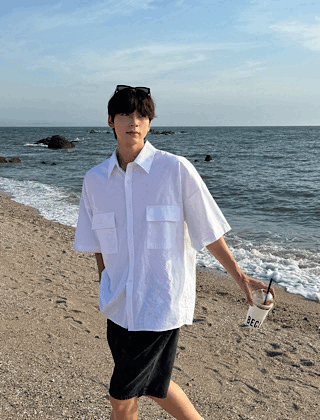 戶外亞麻口袋短袖襯衫