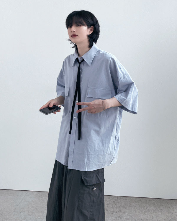 戶外亞麻口袋短袖襯衫