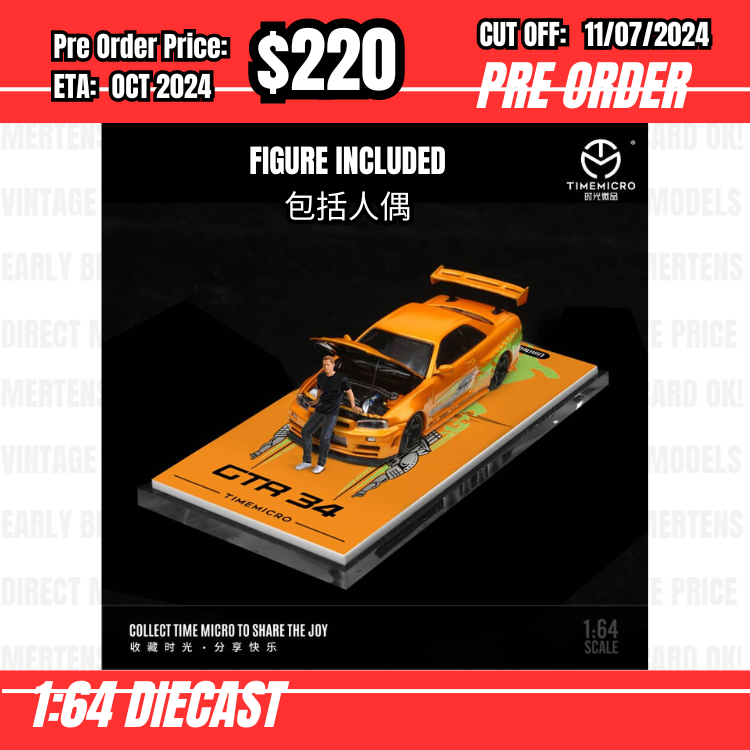 PO-$220 * Time Micro * 1:64 Nissan Skyline GTR R34 Z-Tune FNF Yellow w/figure [OD04/07]