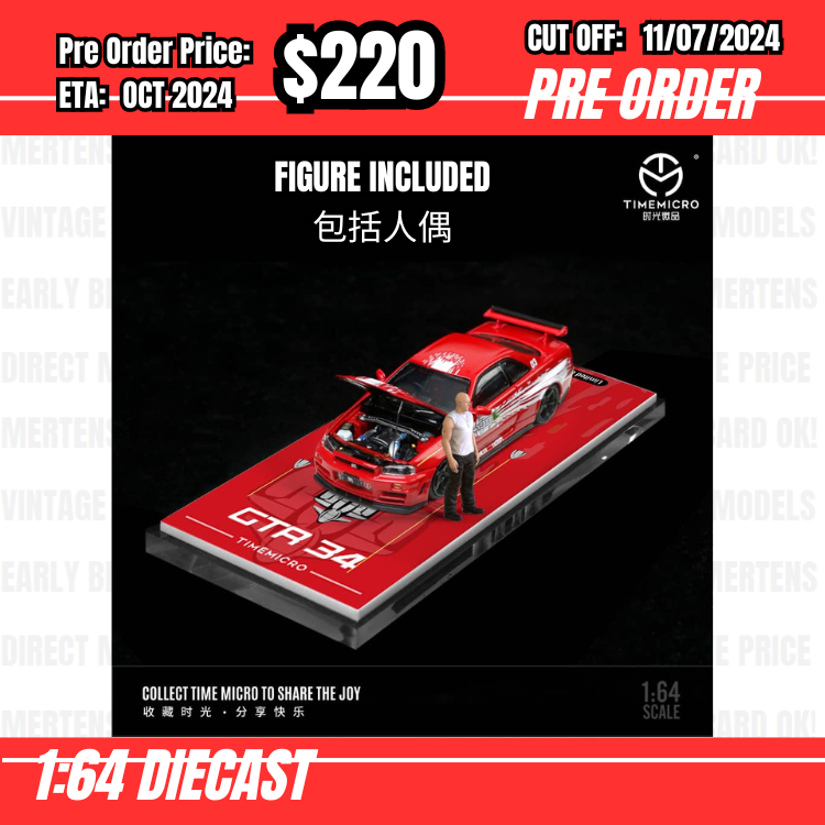 PO-$220 * Time Micro * 1:64 Nissan Skyline GTR R34 Z-Tune FNF Red/White w/figure [OD04/07]