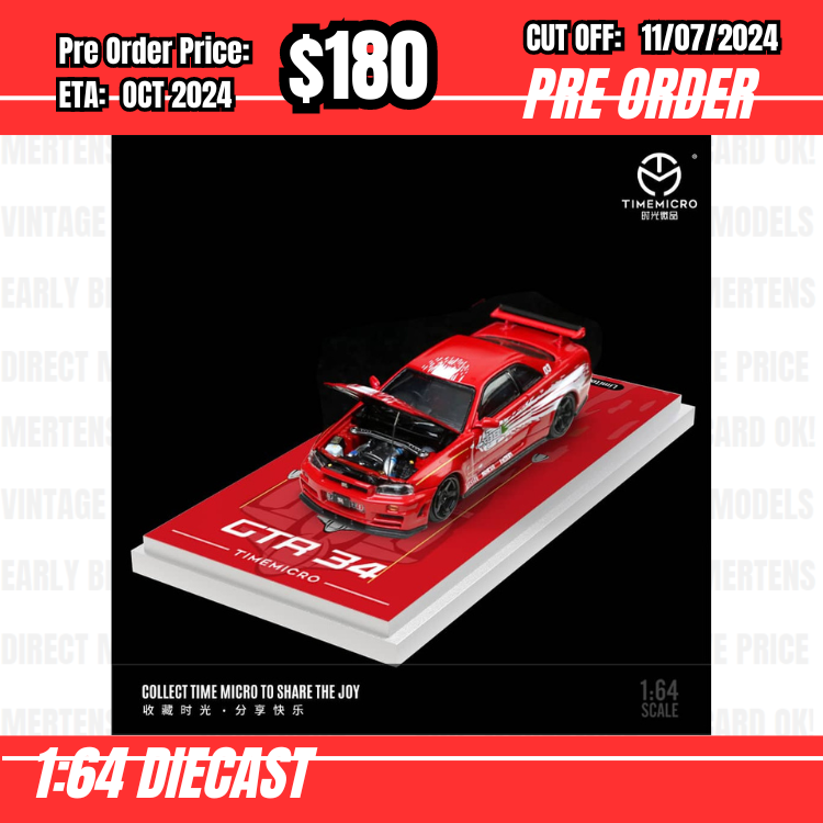 PO-$180 * Time Micro * 1:64 Nissan Skyline GTR R34 Z-Tune FNF Red/White [OD04/07]
