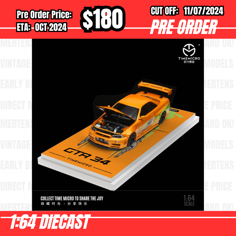 PO-$180 * Time Micro * 1:64 Nissan Skyline GTR R34 Z-Tune FNF Yellow [OD04/07]
