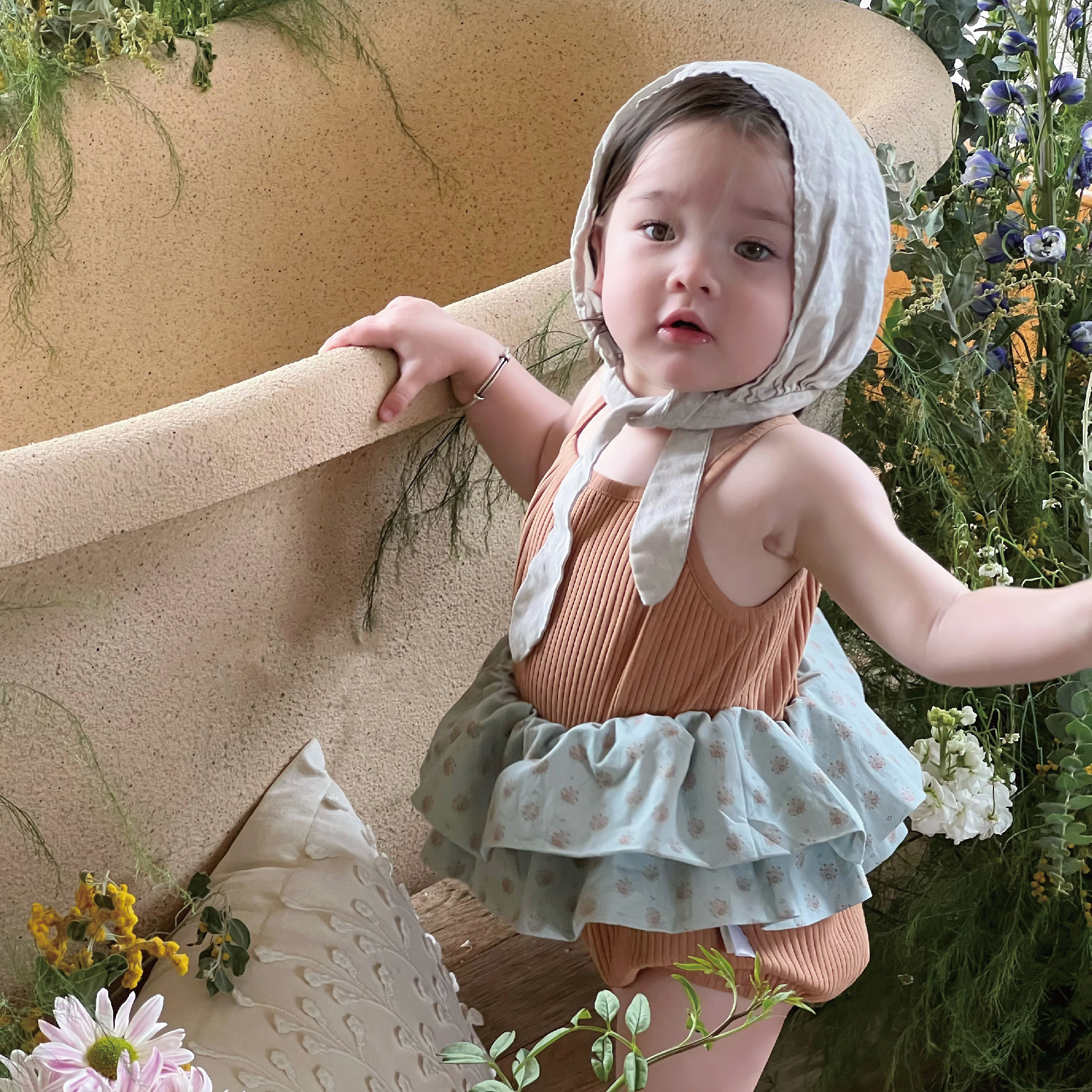 【JG0391】浪漫荷葉坑條紋背心包屁衣(不含帽)