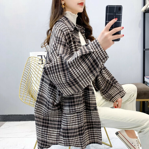 Brushed plaid shirt jacket women's autumn and winter (black gray [size S_XL] (contact customer service to confirm the shipping size after placing an order)】