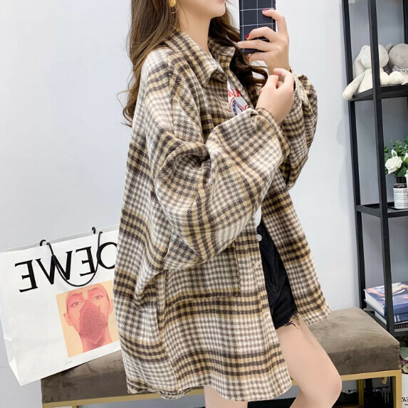Brushed plaid shirt jacket women's autumn and winter (khaki [size S_XL] (contact customer service to confirm the shipping size after placing an order)】