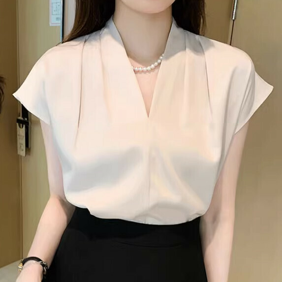 High-quality V-neck short-sleeved shirt women's summer (apricot [size S_XL] (contact customer service to confirm the shipping size after placing an order)】