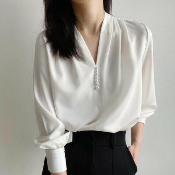 Casual V-neck long-sleeved shirt women's autumn (white [size S_L] (contact customer service to confirm the shipping size after placing an order)】