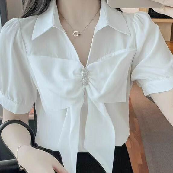 V-neck bow age reduction short-sleeved shirt women's summer (white [size S_XL] (contact customer service to confirm the shipping size after placing an order)]