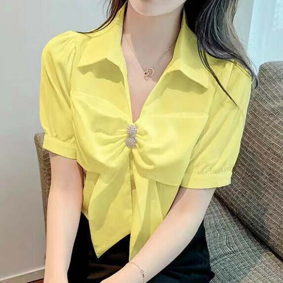 V-neck bow age reduction short-sleeved shirt women's summer (yellow [size S_XL] (contact customer service to confirm the shipping size after placing an order)】