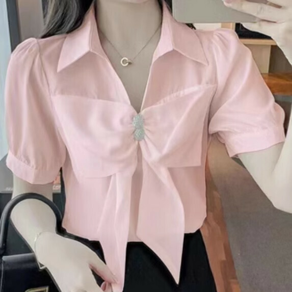 V-neck bow age reduction short-sleeved shirt women's summer (pink [size S_XL] (contact customer service to confirm the shipping size after placing an order)】