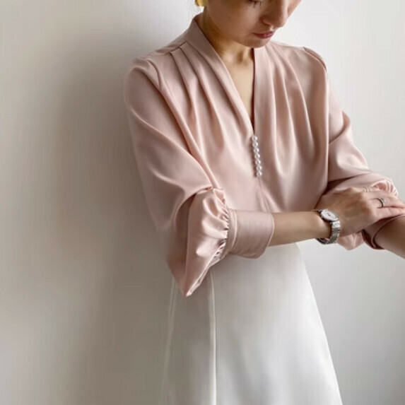 Casual V-neck long-sleeved shirt women's autumn (pink [size S_L] (contact customer service to confirm the shipping size after placing an order)】