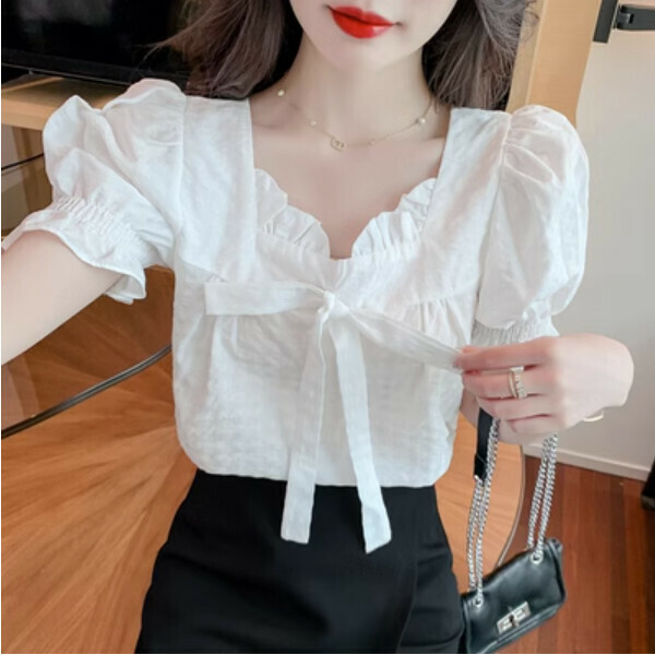 Lace-up cropped plaid shirt (white) (size: S/M/L/XL) (contact customer service to confirm size after placing an order)】