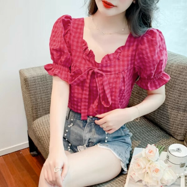 Lace-up cropped plaid shirt (red) (size: S/M/L/XL) (contact customer service to confirm size after placing an order)】