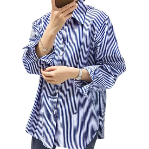 Blue Striped Long Sleeve Shirt Women's Spring Dress (Blue [S_XL size] (contact customer service to confirm the shipping size after placing an order)】