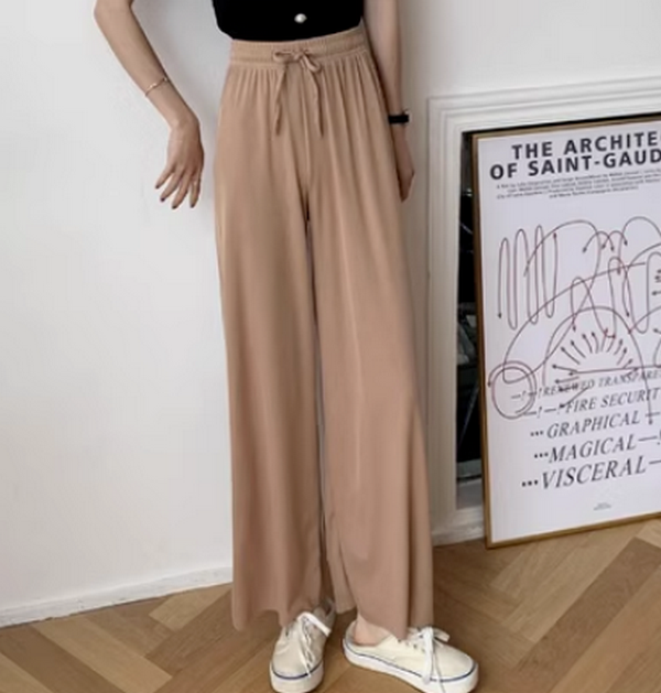 Ice Silk Casual Pants Loose Wide Pants (Khaki) (Size: One Size)】