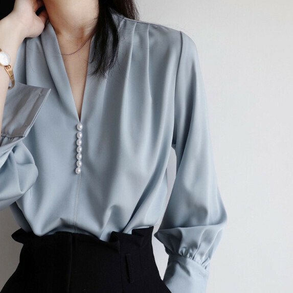 Casual V-neck long-sleeved shirt women's autumn (blue [size S_L] (contact customer service to confirm the shipping size after placing an order)】