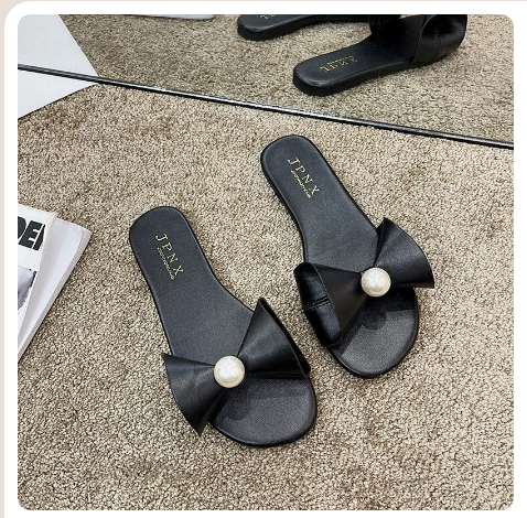 Lazy pearl slippers (black/35-40 size) (contact customer service to confirm the shipping size after placing an order)】