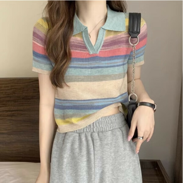 Rainbow striped ice silk polo neck short-sleeved sweater (blue) (one size)】
