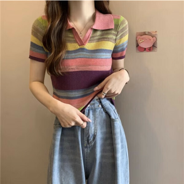 Rainbow Striped Ice Silk Polo Neck Short Sleeve Knit (Pink) (One Size)】