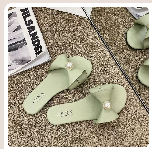 Lazy pearl slippers (green/35-40 size) (contact customer service to confirm the shipping size after placing an order)】
