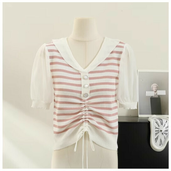 Knitted Short Sleeve T-Shirt (Pink) (One Size)】