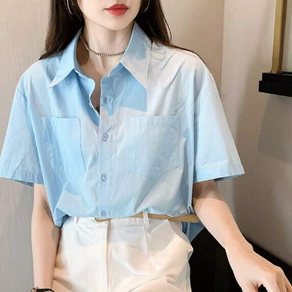 Small Short Sleeve Shirt Women's Summer (Blue [M_2XL Size] (Contact customer service to confirm the shipping size after placing an order)】