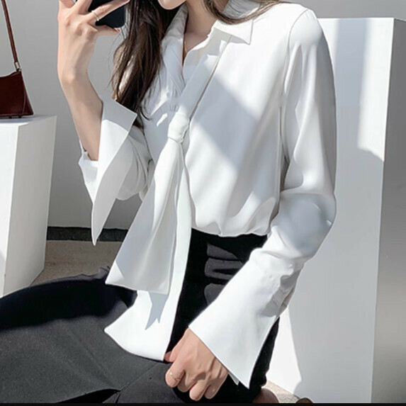 Fashion Tie Shirt Women's Long Sleeve Spring and Autumn (White [S_L Size] (Contact Customer Service to Confirm Shipping Size after placing an order)】