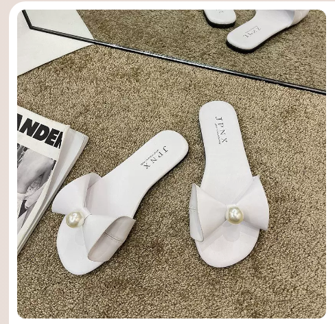 Lazy pearl slippers (white/35-40 size) (contact customer service to confirm the shipping size after placing an order)】