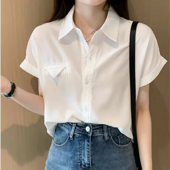 Chiffon Shirt Women's Short Sleeve Summer (White [M_2XL size] (contact customer service to confirm the shipping size after placing an order)】
