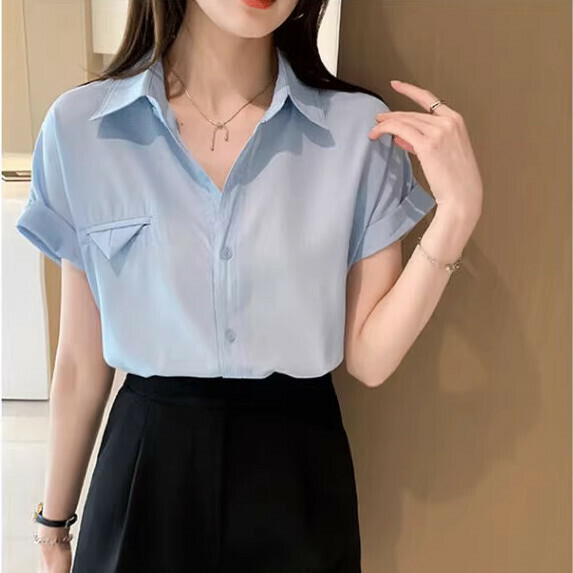 Chiffon Shirt Women's Short Sleeve Summer (Blue [M_2XL Size] (Contact Customer Service to Confirm Shipping Size after placing an order)】