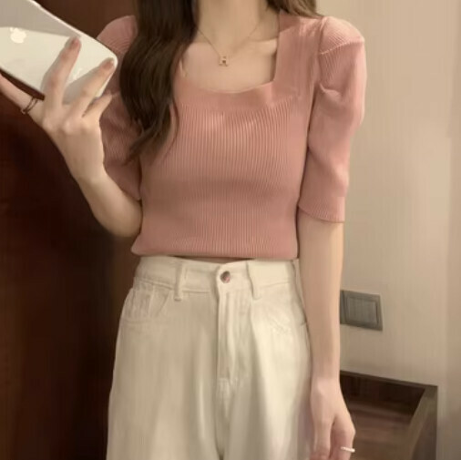 French Square Neck Knit (Pink One-size-fits-all)