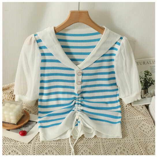 Knit Short Sleeve T (Blue) (One Size)】