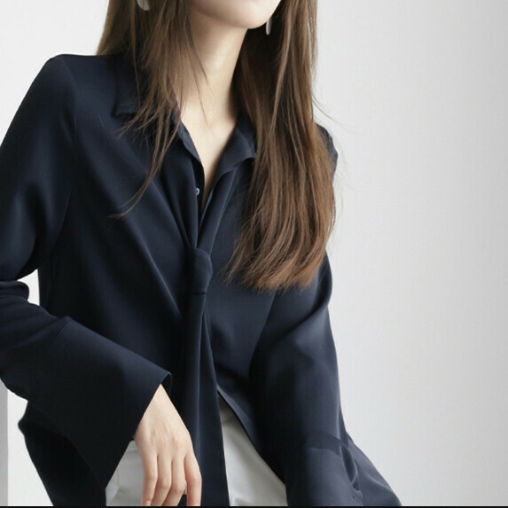 Fashion Tie Shirt Women's Long Sleeve Spring and Autumn (Navy Blue [S_L Size] (Contact Customer Service to Confirm Shipping Size After Placing an Order)】