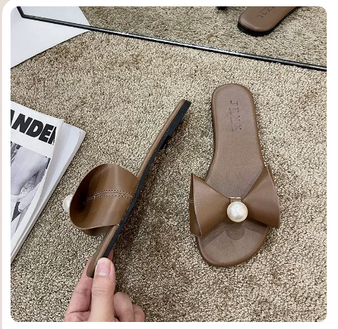 Lazy pearl slippers (brown/35-40 size) (contact customer service to confirm the shipping size after placing an order)】
