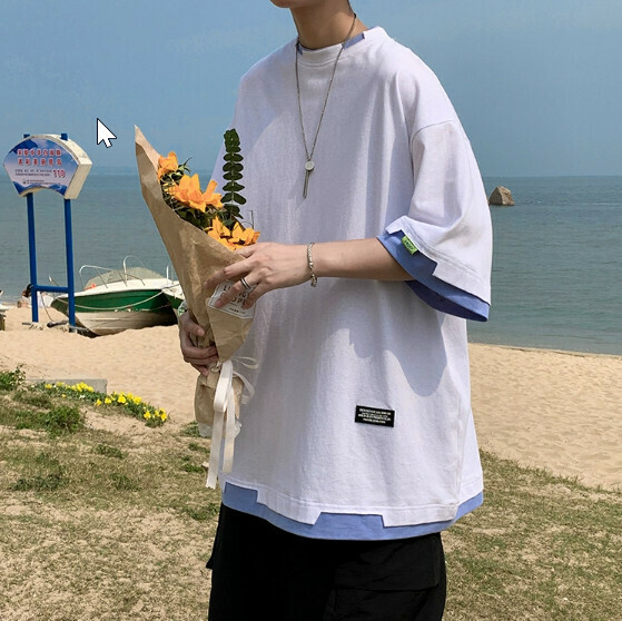 Cotton fake two-piece men's short-sleeved T-shirt (white size: M-2XL) (contact customer service to confirm the shipping size after placing an order)】