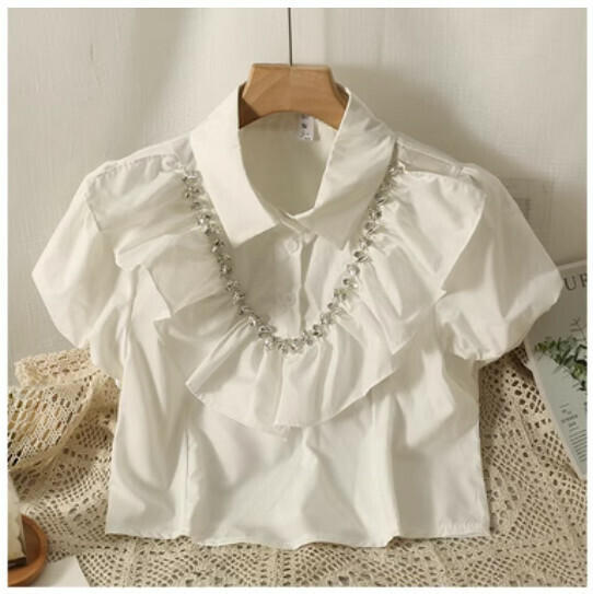 Polo Collar Short Sleeve Shirt (White) (One Size)】