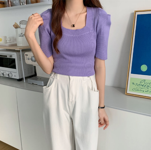 French Square Neck Knit (Purple One-size-fits-all)