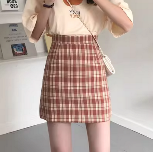 新款半身裙格子A字短裙（橘色）（尺碼:S-XL)(下單後聯絡客服確認發貨尺碼)