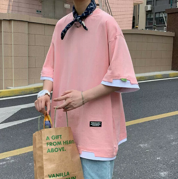Cotton fake two-piece men's short-sleeved T-shirt (pink size: M-2XL) (contact customer service to confirm the shipping size after placing an order)】