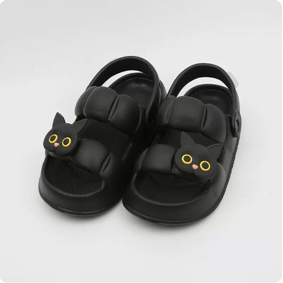 Summer Anti-slip Flat Flat Petal Sandal Sandals (1903-5 Black Cat on Black Bottom) [Size 36-41] [Contact Customer Service to Confirm Shipping Size After Placing an Order]