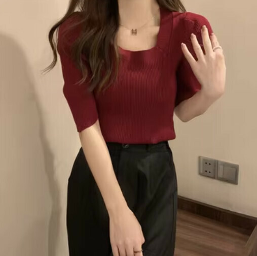 French Square Neck Knit (Red Size)