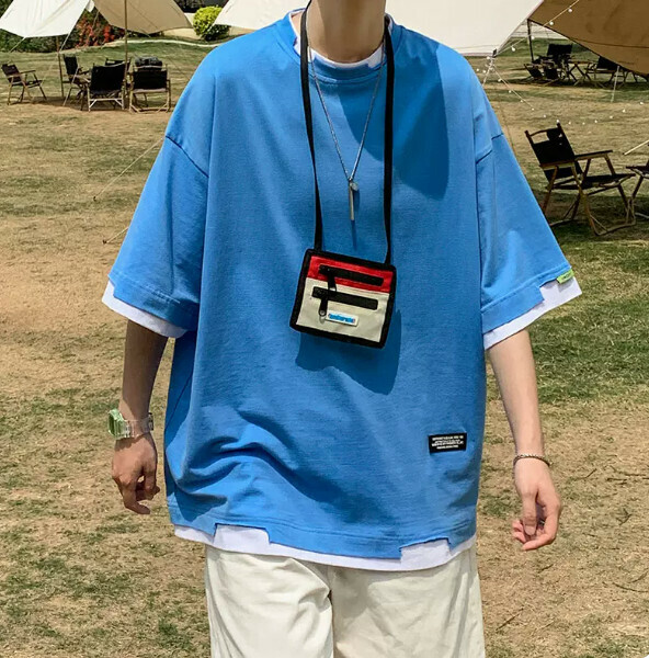 Cotton fake two-piece men's short-sleeved T-shirt (blue size: M-2XL) (contact customer service to confirm the shipping size after placing an order)】